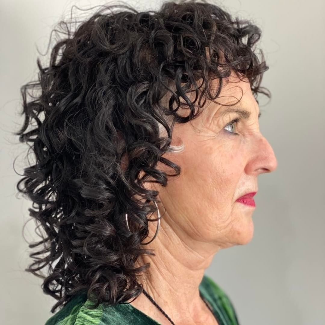 Curly Shag Mullet with Bangs on Older Lady