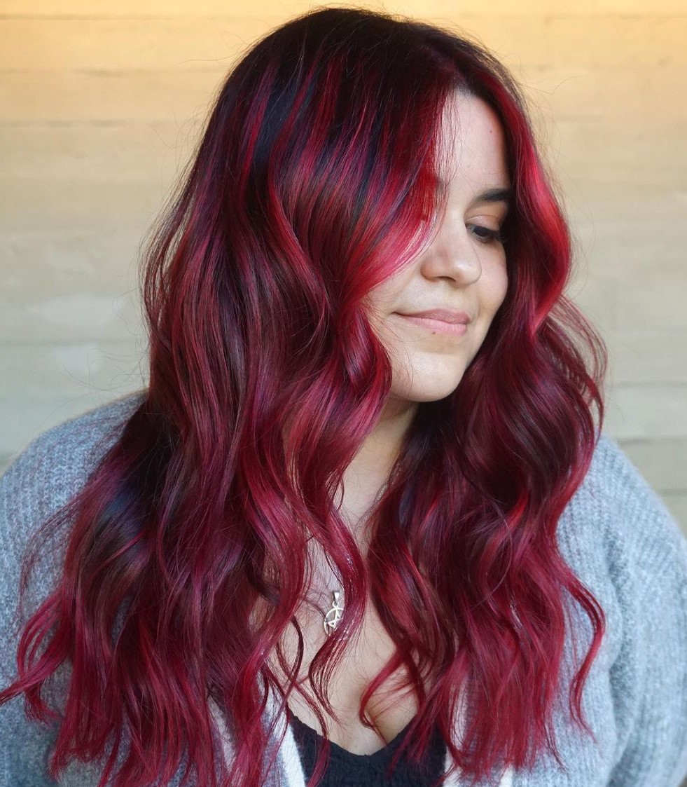 Magenta Hair with Ruby Red Highlights and Black Lowlights